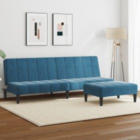 Sofá cama de 2 plazas con taburete terciopelo azul