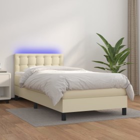 Cama box spring y colchón LED cuero sintético crem