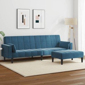 Sofá cama de 2 plazas con taburete terciopelo azul Sofá cama de 2 plazas con taburete terciopelo azul