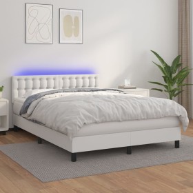 Cama box spring colchón y LED cuero sintético blanco 140x200 cm