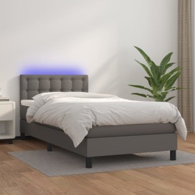 Cama box spring y colchón LED cuero sintético gris 90x190 cm