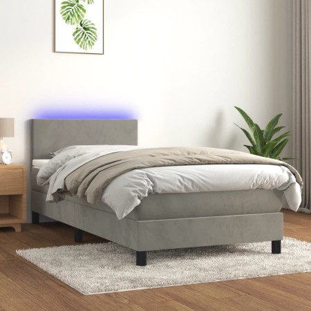 Cama box spring colchón y LED terciopelo gris claro 90x190 cm