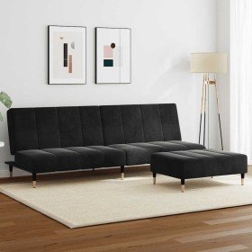 Sofá cama de 2 plazas con taburete terciopelo negro Sofá cama de 2 plazas con taburete terciopelo negro