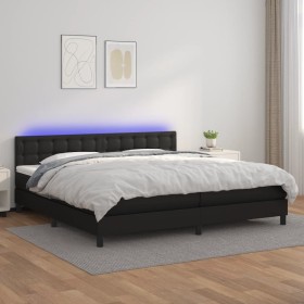 Cama box spring colchón y LED cuero sintético negro 200x200 cm