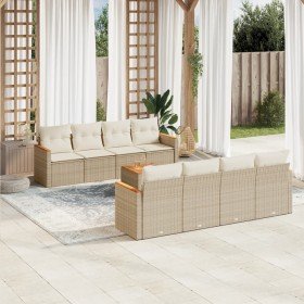 Set de sofás de jardín 9 pzas con cojines ratán sintético beige