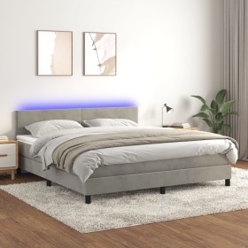 Cama box spring colchón y LED terciopelo gris claro 180x200 cm