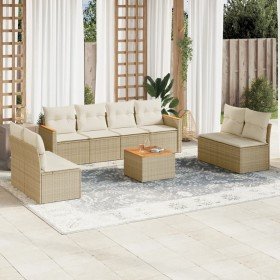 Set de sofás de jardín 9 pzas con cojines ratán sintético beige