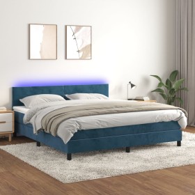Cama box spring colchón y LED terciopelo azul oscuro 180x200 cm