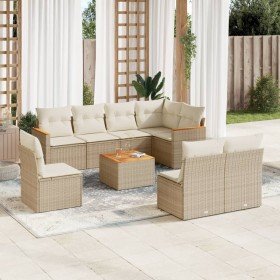 Set de sofás de jardín 9 pzas con cojines ratán sintético beige Set de sofás de jardín 9 pzas con cojines ratán sintético beige
