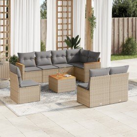 Set de sofás de jardín 9 pzas con cojines ratán sintético beige