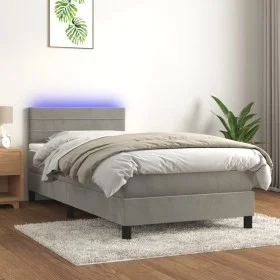 Box spring bed with mattress and LED light gray velvet 100x200 cm by vidaXL, Beds and slatted bases - Ref: Foro24-3134447, Pr...