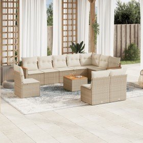 Set de sofás de jardín 11pzas con cojines ratán sintético beige Set de sofás de jardín 11pzas con cojines ratán sintético beige