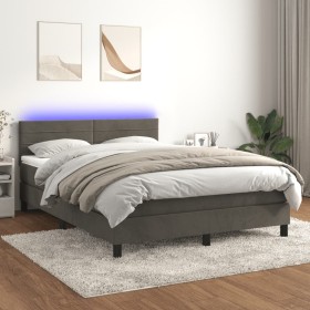 Cama box spring colchón y LED terciopelo gris oscuro 140x190 cm
