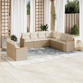Set de sofás de jardín 9 pzas con cojines ratán sintético beige