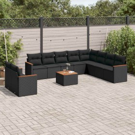 Set de sofás de jardín 11 pzas y cojines ratán sintético negro