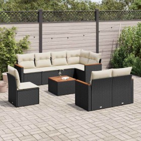 Set de sofás de jardín 8 piezas y cojines ratán sintético negro