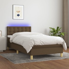 Cama box spring con colchón LED tela marrón oscuro 90x200 cm