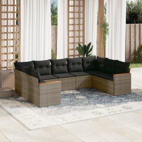 Set de muebles de jardín 9 pzas y cojines ratán sintético gris
