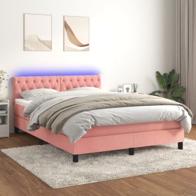 Cama box spring colchón y LED terciopelo rosa 140x