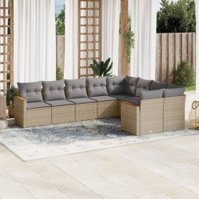 Set de sofás de jardín 9 pzas con cojines ratán sintético beige
