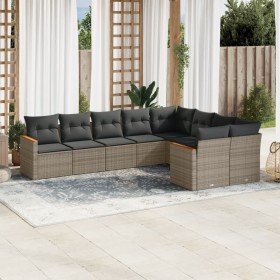 Set de muebles de jardín 9 pzas y cojines ratán sintético gris