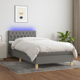 Cama box spring con colchón y LED tela gris oscuro 90x190 cm