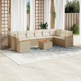 Set de sofás de jardín 11pzas con cojines ratán sintético beige Set de sofás de jardín 11pzas con cojines ratán sintético beige