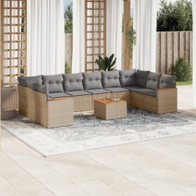 Set de sofás de jardín 11pzas con cojines ratán sintético beige