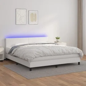 Box spring bed with mattress and LED white synthetic leather 180x200 cm by vidaXL, Beds and slatted bases - Ref: Foro24-31341...