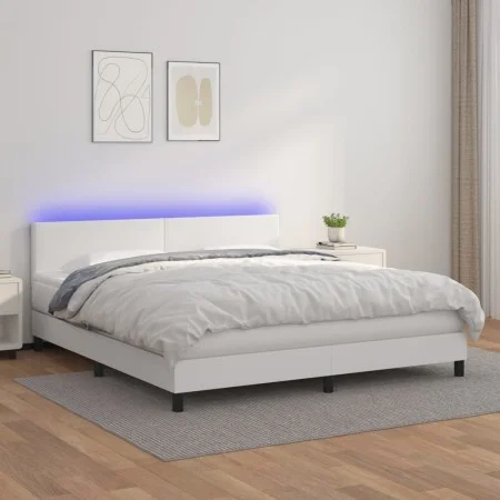 Box spring bed with mattress and LED white synthetic leather 180x200 cm by vidaXL, Beds and slatted bases - Ref: Foro24-31341...