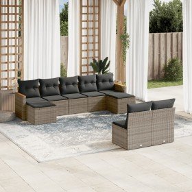 Set de muebles de jardín 9 pzas y cojines ratán sintético gris
