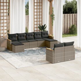 Set de muebles de jardín 9 pzas y cojines ratán sintético gris
