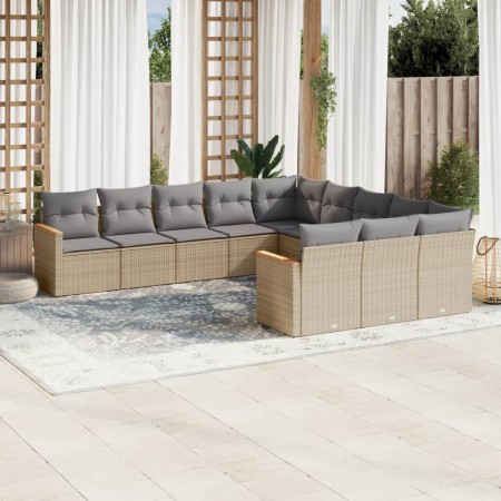 Set de sofás de jardín 11pzas con cojines ratán sintético beige
