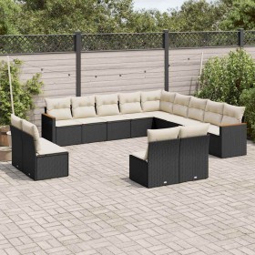 Set de sofás de jardín y cojines 13 pzas ratán sintético negro