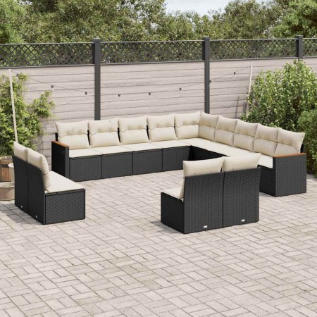 Set de sofás de jardín y cojines 13 pzas ratán sintético negro