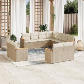 Set de sofás de jardín 11pzas con cojines ratán sintético beige