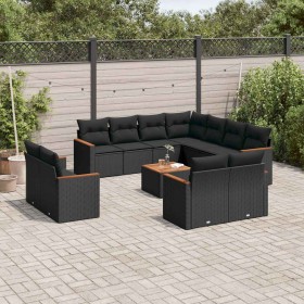 Set de sofás de jardín 12 piezas cojines ratán sintético negro