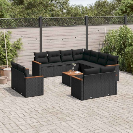 Set de sofás de jardín 12 piezas cojines ratán sintético negro