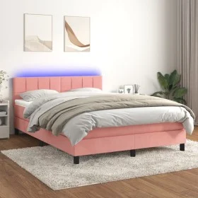 Box spring bed with mattress and LED pink velvet 140x190 cm by vidaXL, Beds and slatted bases - Ref: Foro24-3134404, Price: 4...