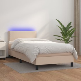 Cama box spring colchón LED cuero sintético capuchino 100x200cm