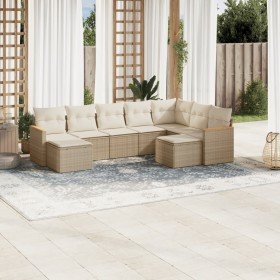 Set de sofás de jardín 9 pzas con cojines ratán sintético beige