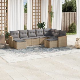 Set de sofás de jardín 9 pzas con cojines ratán sintético beige