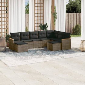 Set de muebles de jardín 9 pzas y cojines ratán sintético gris