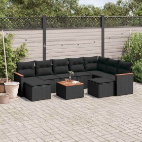 Set de sofás de jardín 10 pzas cojines ratán sintético negro