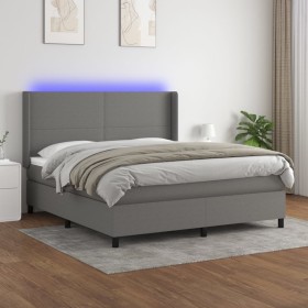 Cama box spring colchón y luces LED tela gris oscuro 160x200 cm