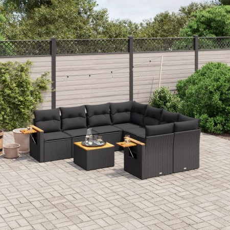 Set de sofás de jardín 8 piezas y cojines ratán sintético negro