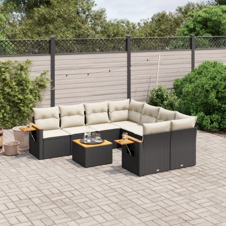 Set de sofás de jardín 8 piezas y cojines ratán sintético negro