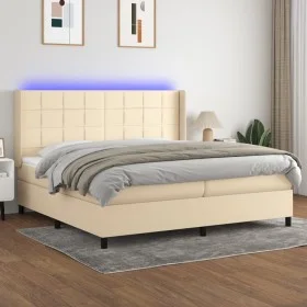 Box spring bed mattress and LED lights cream fabric 200x200 cm by vidaXL, Beds and slatted bases - Ref: Foro24-3138346, Price...
