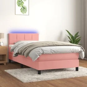 Box spring bed with mattress and LED pink velvet 100x200 cm by vidaXL, Beds and slatted bases - Ref: Foro24-3134392, Price: 2...