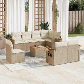 Set de sofás de jardín 9 pzas con cojines ratán sintético beige